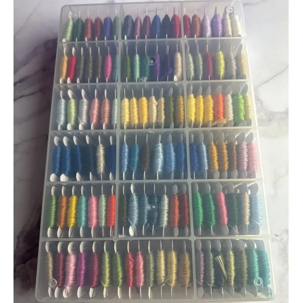 116 Pre-Wound DMC Embroidery Floss Thread Bobbins Set in Clear Storage Case Lot